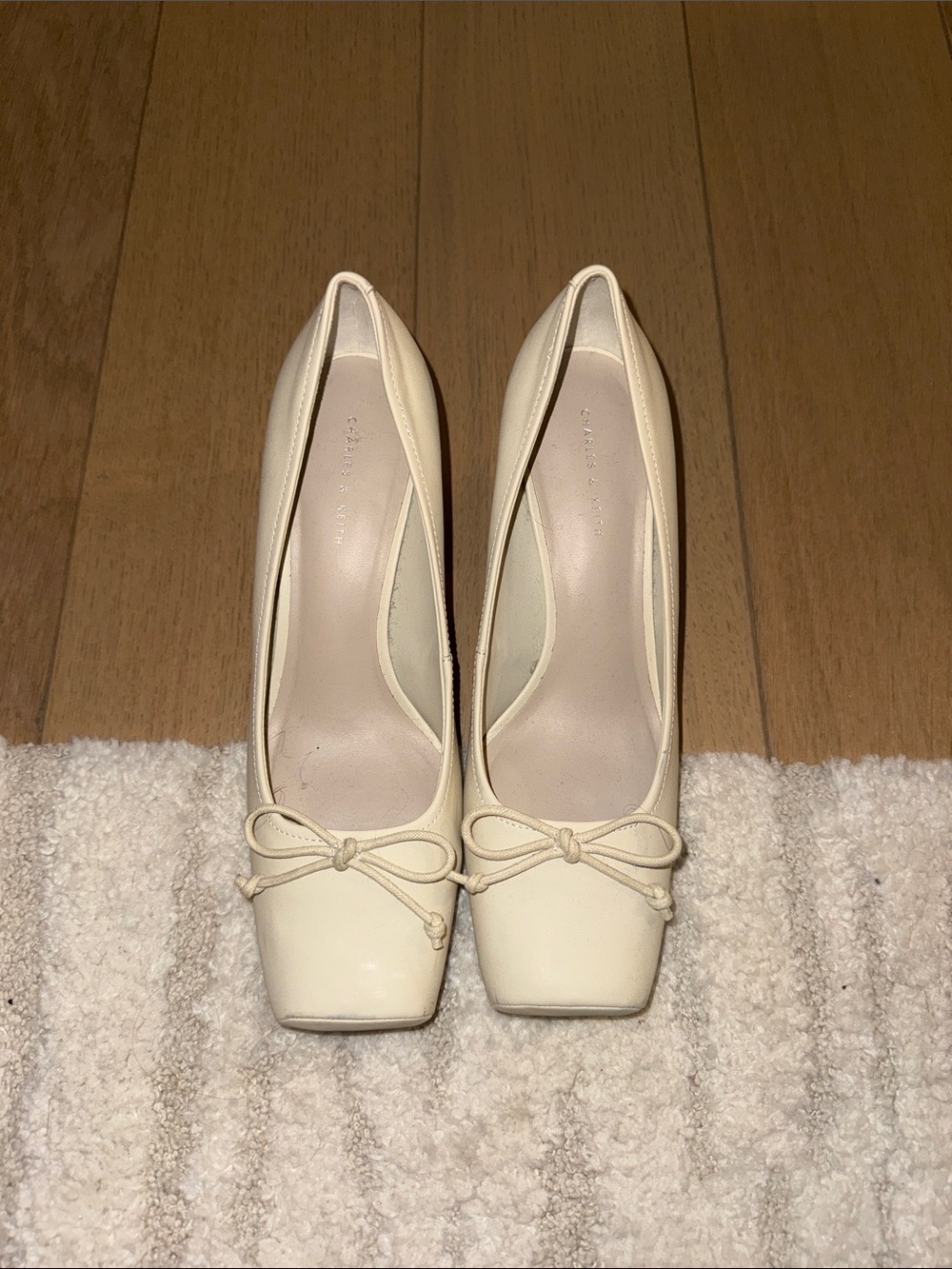 Charles Keith Cream Square-Toe Bow Pump